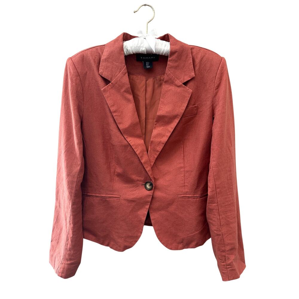 TAHARI Linen Blend Blazer Rust One Button Tailored Career Jacket Small